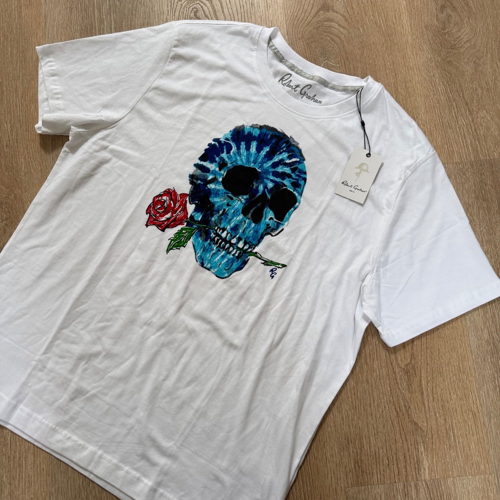 Robert Graham Tie Dye Skull T-Shirt Mens 2XL White Rose Graphic Tee NEW